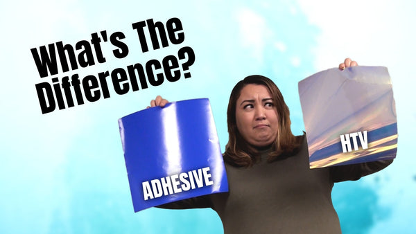 A confused woman holds up two different types of vinyl, one labeled HTV and the other labeled adhesive vinyl. She wonders what the difference is between the two.