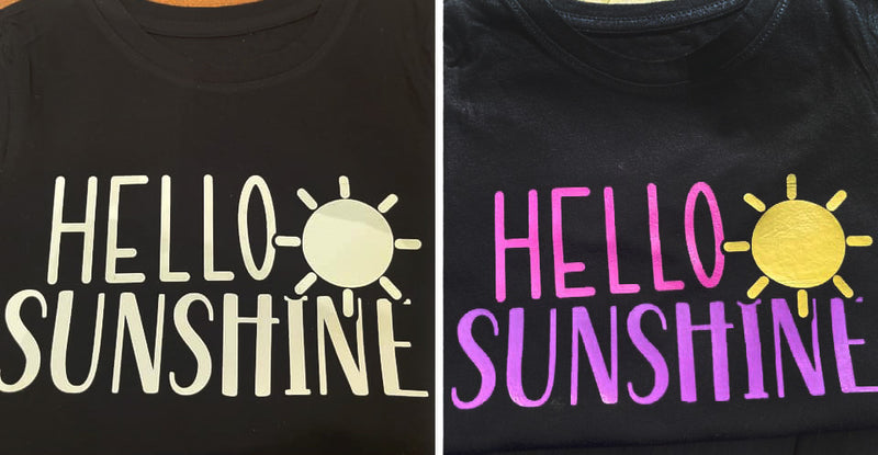 A comparison of the UV Shift HTV on a T-Shirt before & after being exposed to UV Sunlight. Photo courtesy of Erica B. Virden.